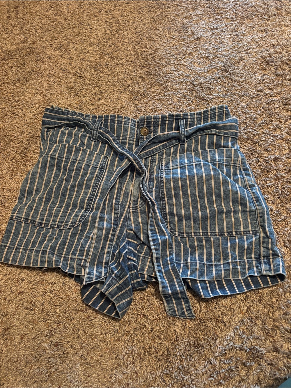 American Eagle Outfitters Blue and White Striped High-Waist Tie-Belt Shorts